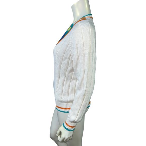Vintage 90s Room Works Geometric Art Deco V-Neck Cotton Sweater White Multi M - Picture 2 of 9